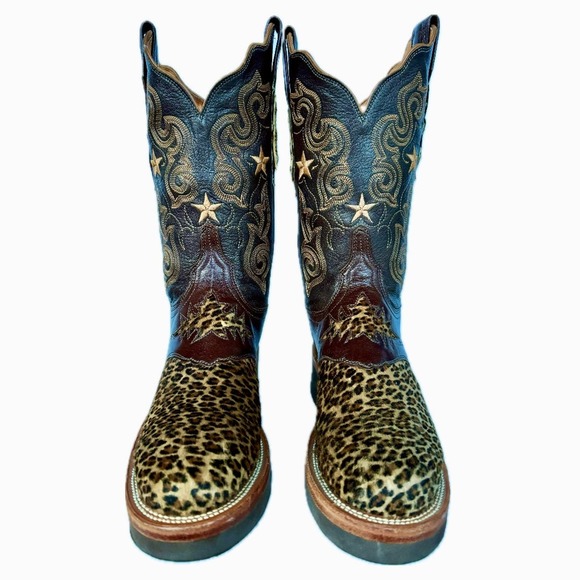LUCCHESE Leopard Hair On Crepe Sole Brown Western Cowboy Boots - Picture 3 of 7